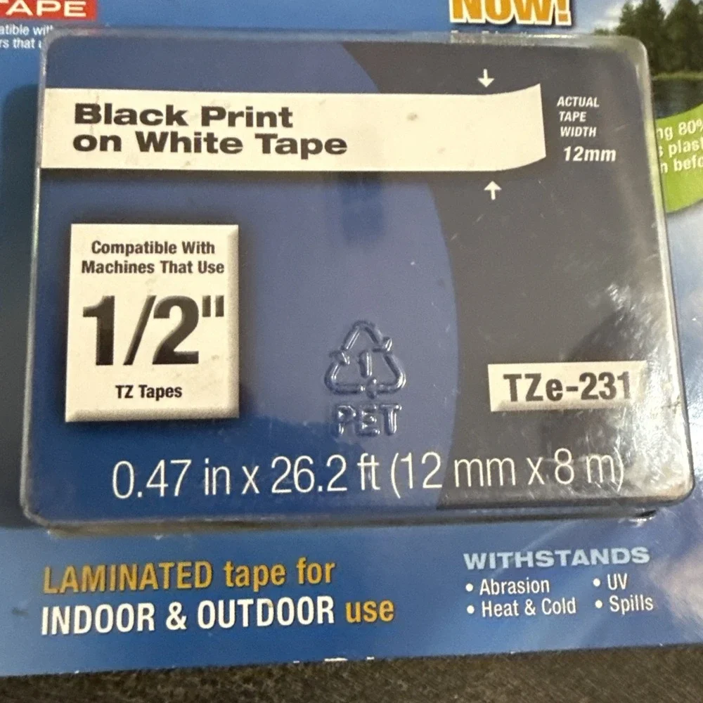 New Brother P-touch TZe-231 Black on White Tape 1/2